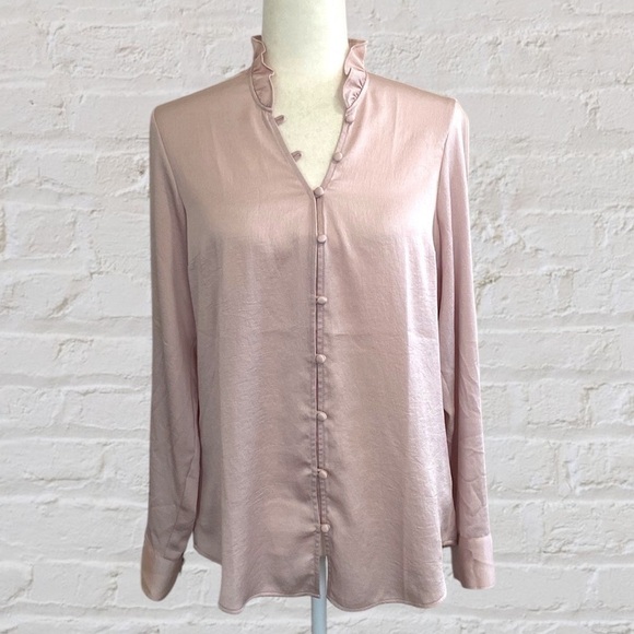 Express Blush Pink Portofino Ruffle V-Neck Button Up Blouse Shirt Bohemian - Picture 1 of 15